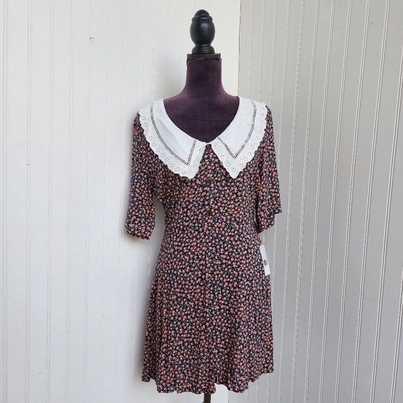 NWT $60 B DARLIN Womens Pink Black Crochet-trim Collar Mini Dress 13/14 - Picture 3 of 16